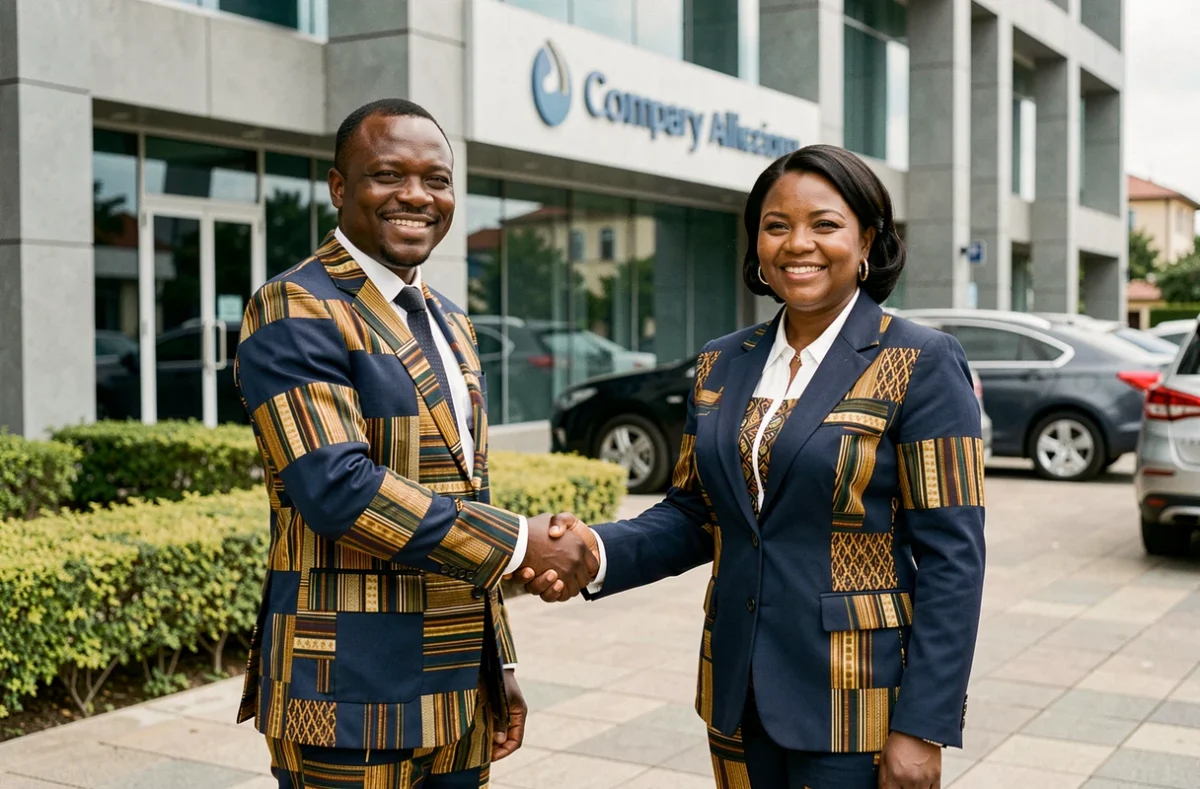 Deux professionnels ivoiriens en tenue formelle concluant un partenariat commercial devant un immeuble moderne à Abidjan
