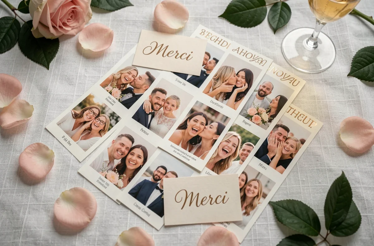 Planche de photos souvenirs imprimées par une ShootnBox, posées sur une table de mariage avec des pétales de roses