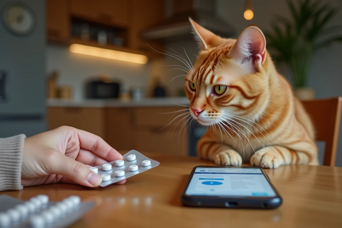 Main tenant un blister de pilules contraceptives pour chat à côté d'un smartphone affichant une pharmacie en ligne, risques d'achat sans ordonnance