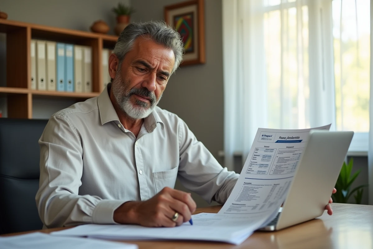 Homme marocain planifiant le budget des frais d'EHPAD devant des documents financiers dans un bureau administratif