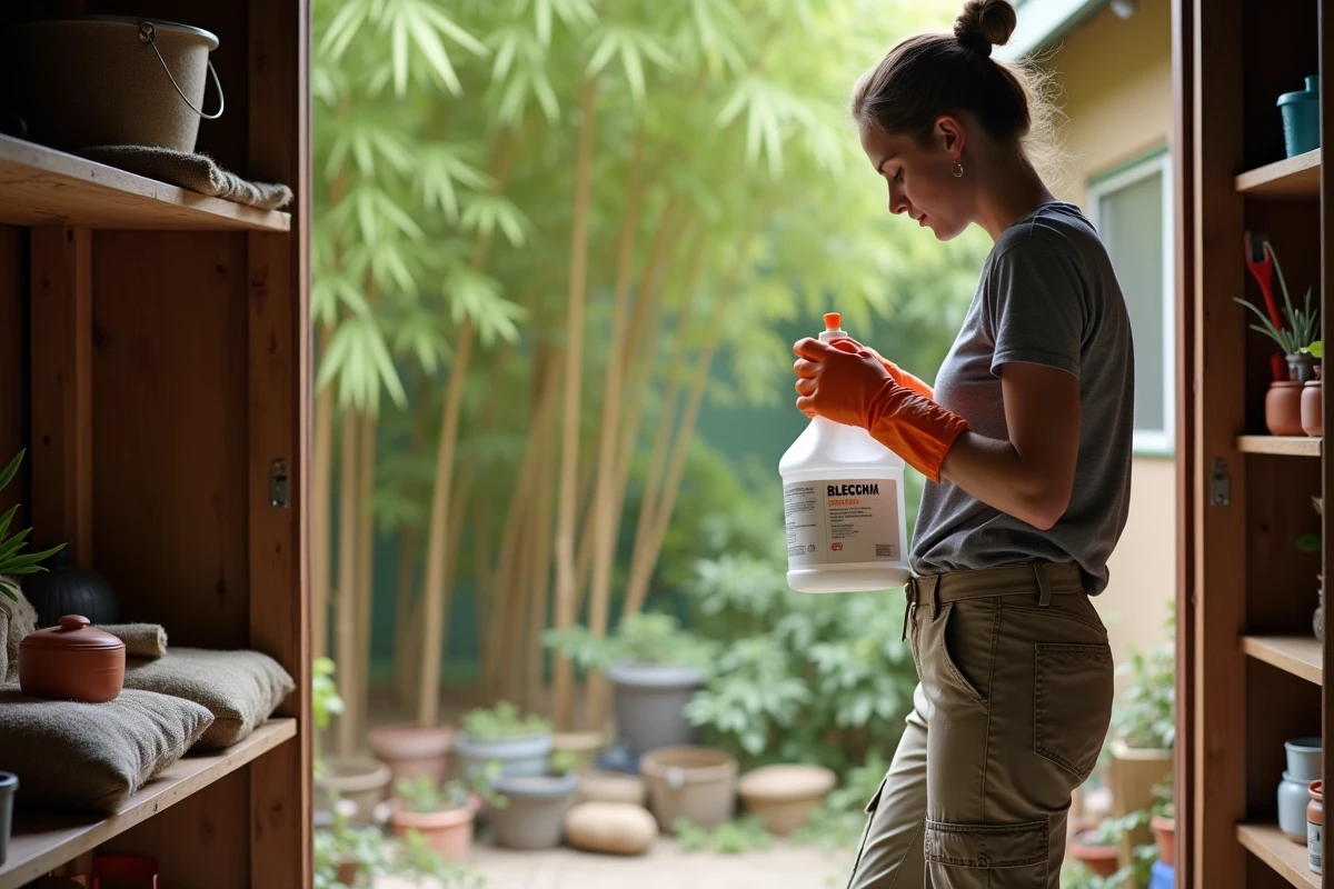 Femme préparant une solution de javel dans un abri de jardin pour traiter les bambous invasifs