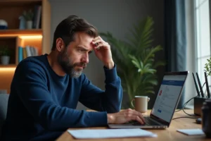 Homme frustré face à un problème de connexion internet à domicile avec un routeur en arrière-plan