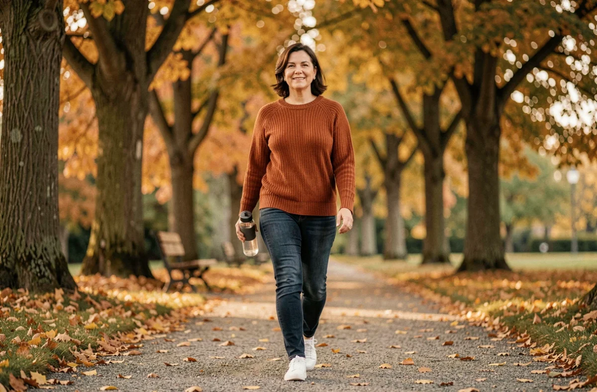 Femme se promenant dans un parc en automne avec une bouteille d'eau réutilisable, illustrant une astuce simple pour améliorer le bien-être au quotidien
