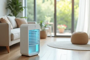 Rafraîchisseur d'air portable blanc et bleu posé dans un salon scandinave moderne avec parquet en chêne clair