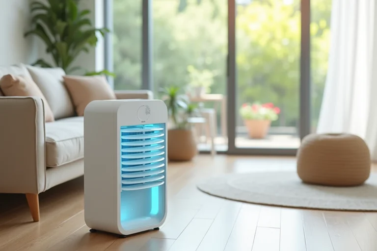 Rafraîchisseur d'air portable blanc et bleu posé dans un salon scandinave moderne avec parquet en chêne clair