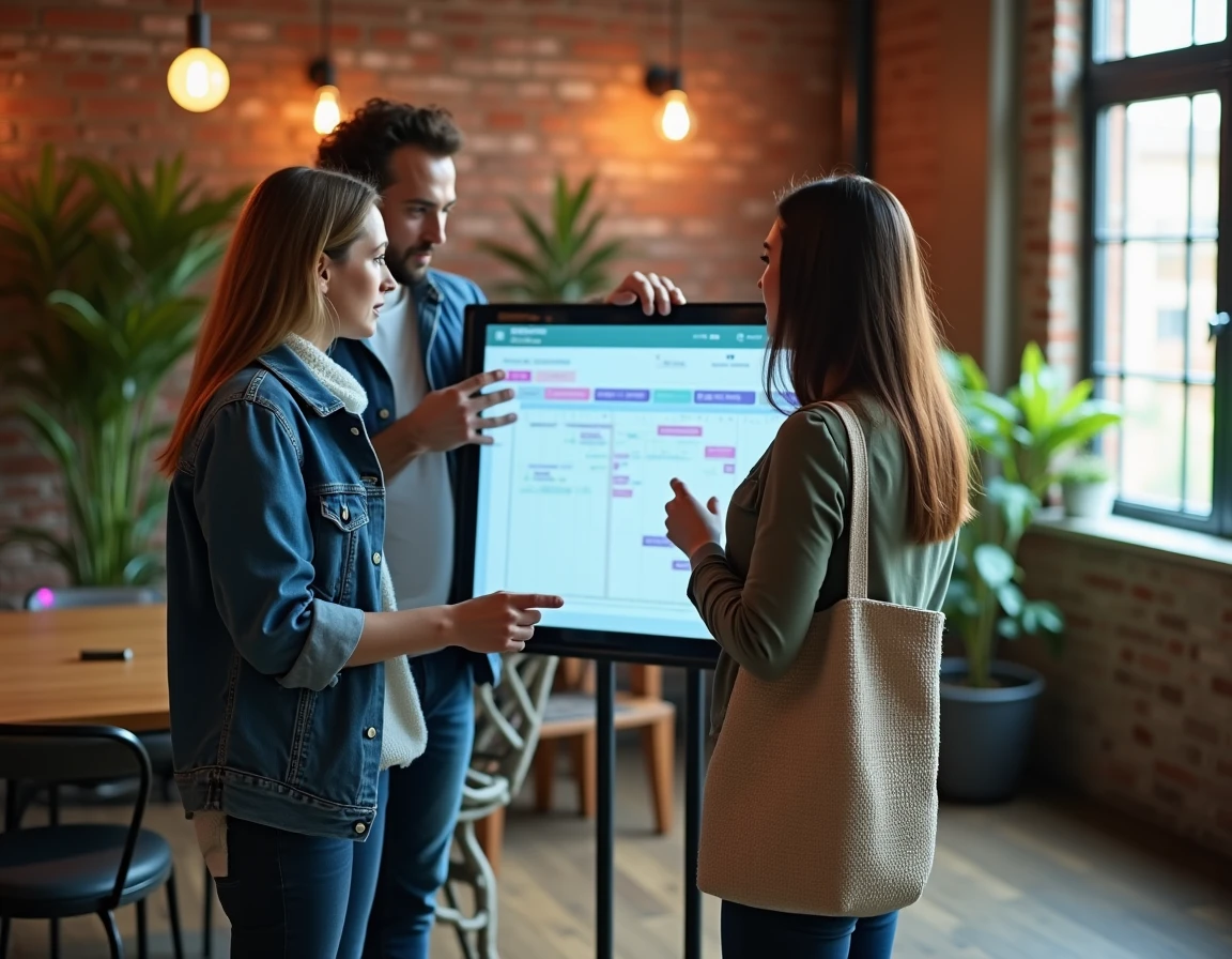 Trois collègues consultant un tableau de bord collaboratif sur un écran interactif dans un espace de coworking moderne