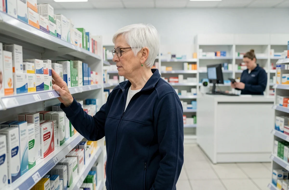 Une femme senior autonome choisissant des médicaments dans une pharmacie accessible, illustrant les services de santé et d'accompagnement pour les personnes âgées au quotidien
