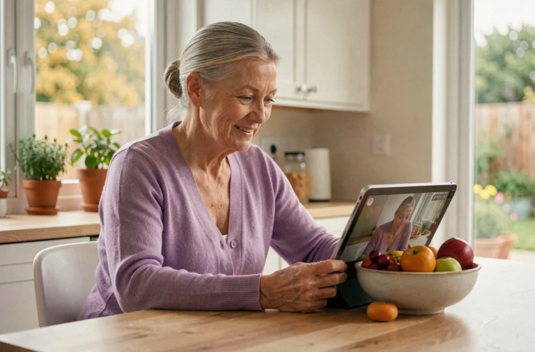 Une senior souriante utilisant une tablette pour un appel vidéo dans sa cuisine lumineuse, illustrant les services numériques pour faciliter le quotidien des personnes âgées