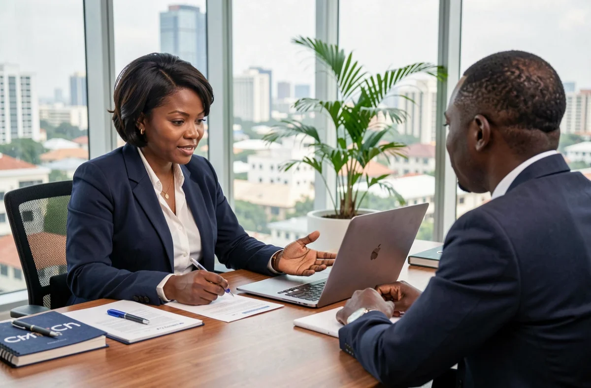 Femme d'affaires ivoirienne consultant un collègue dans un bureau moderne à Abidjan pour des services professionnels