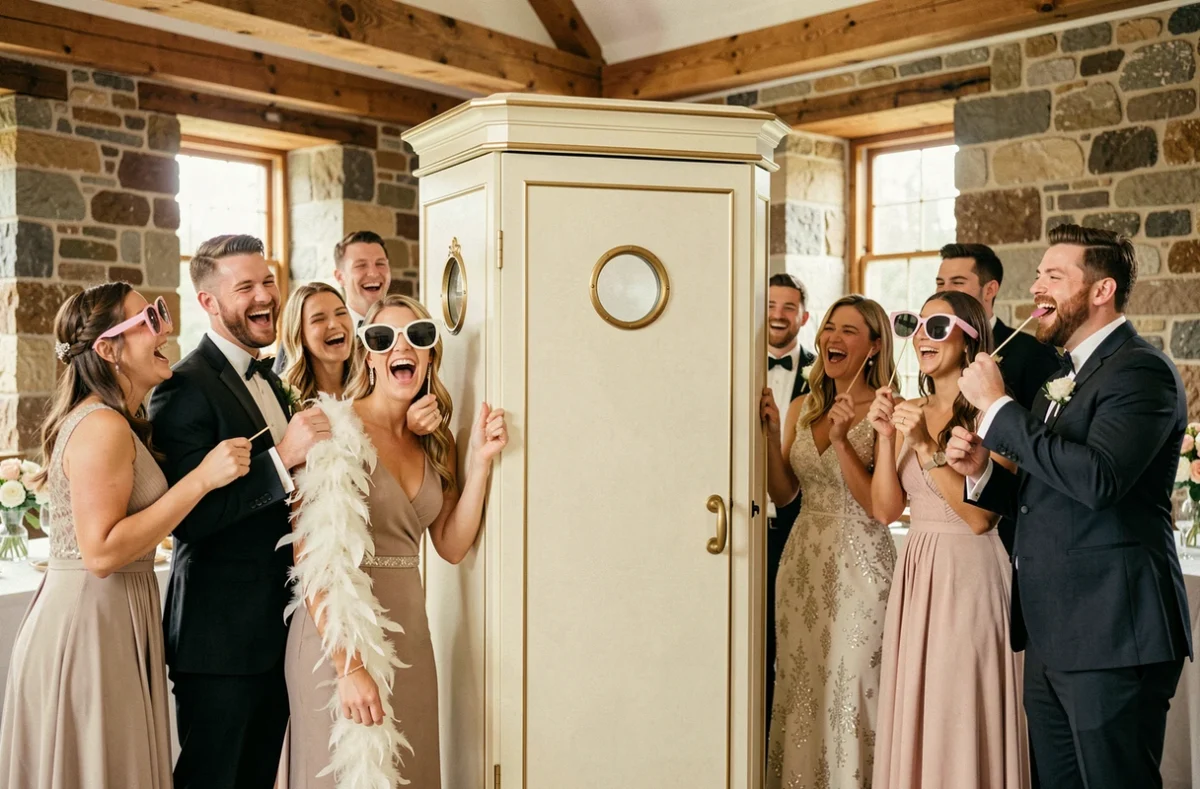 Groupe de mariés et invités s'amusant devant une ShootnBox lors d'une réception de mariage élégante