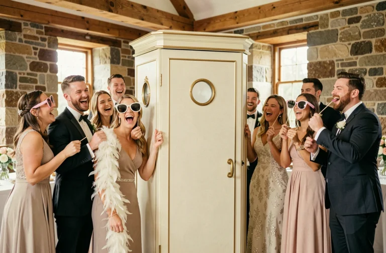 Groupe de mariés et invités s'amusant devant une ShootnBox lors d'une réception de mariage élégante