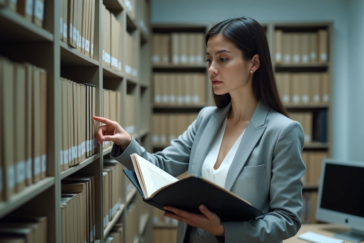 Spécialiste en conformité réglementaire analysant un document juridique dans un bureau institutionnel