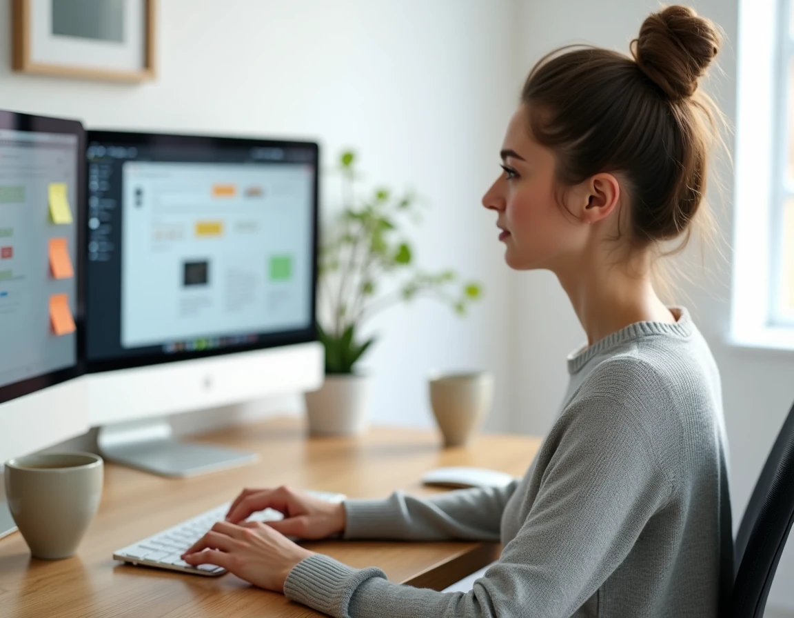 Jeune professionnelle en télétravail utilisant un outil collaboratif en ligne sur un bureau bien organisé