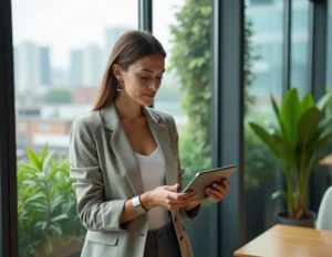 Femme professionnelle utilisant une interface numérique avancée dans un espace de coworking futuriste en 2028, illustrant les tendances technologiques à venir