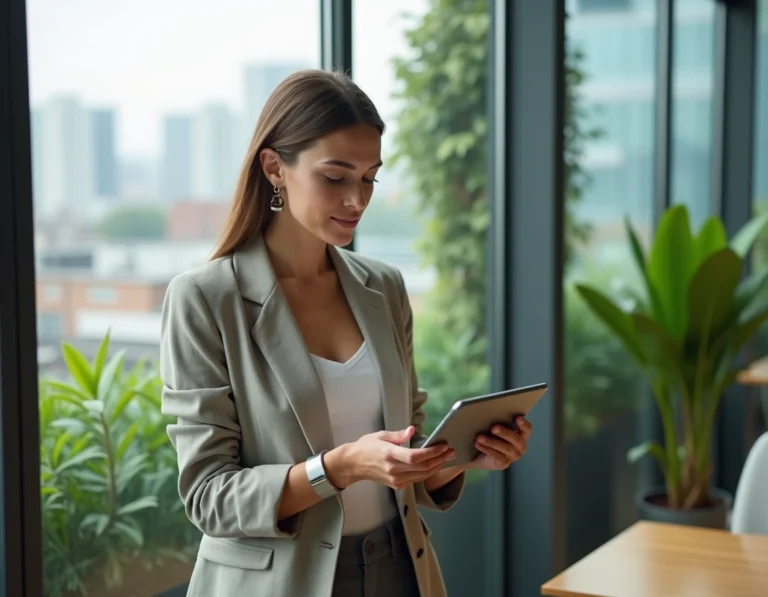 Femme professionnelle utilisant une interface numérique avancée dans un espace de coworking futuriste en 2028, illustrant les tendances technologiques à venir