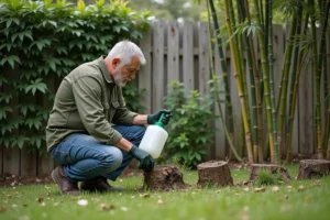 Homme appliquant de la javel sur des souches de bambou envahissant dans un jardin résidentiel