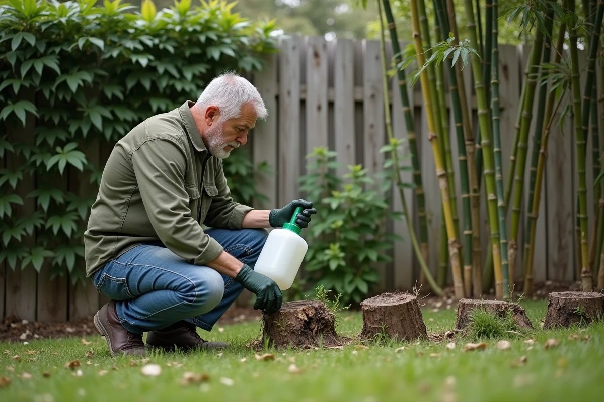 Homme appliquant de la javel sur des souches de bambou envahissant dans un jardin résidentiel