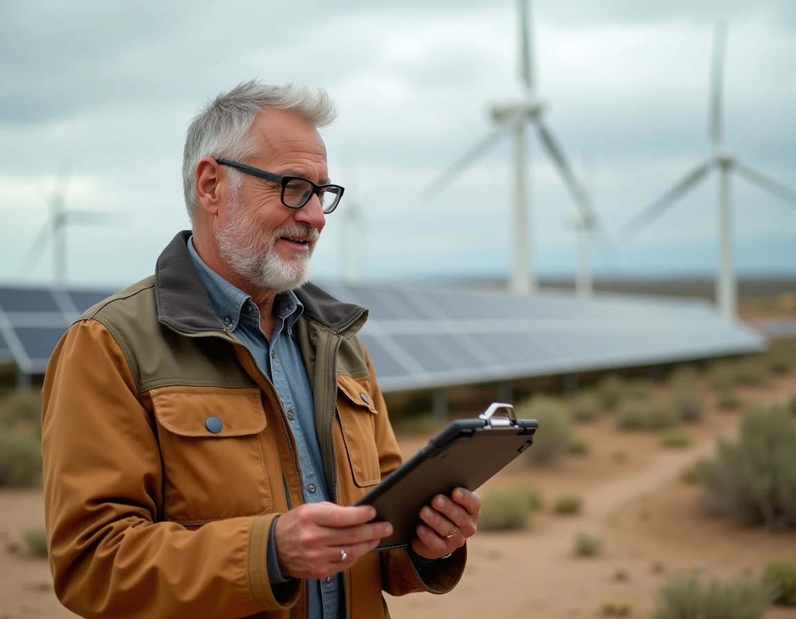 Ingénieur en énergie renouvelable sur le terrain d'une ferme solaire et éolienne moderne, symbolisant la transition énergétique et les enjeux environnementaux majeurs attendus en 2028