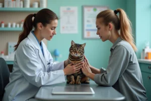 Vétérinaire examinant un chat tigré sur une table de consultation en présence de sa propriétaire, conseils sur la contraception féline